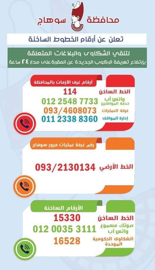 قد تكون صورة تحتوي على النص 'سوهاج محافظة تعلن عن أرقام الخطوط الساخنة لتلقي الشكاوى والبلاغات غات المتعلقة بإاتفاع تعريفة الركوب الجديدة عن المقررةعلى مدار Γε ساعة ارقام غرف الأزمات بالمحافظة الخط الساخن 114 واتس آب خدمة المواطنين 7733 2548 012 غرفة العمليات 093/4608073 إدارة المواقف 88360 2338 01123388360 011 5 رقم غرفة عمليات مرور سوهاد الخط الأرضي 093/2130134 الأرقام الساخنة الخط الساخن 15330 صوتك مسموع 3111 0035 واتس آب 012 الشكاوي الدكومية الموحدة 16528'