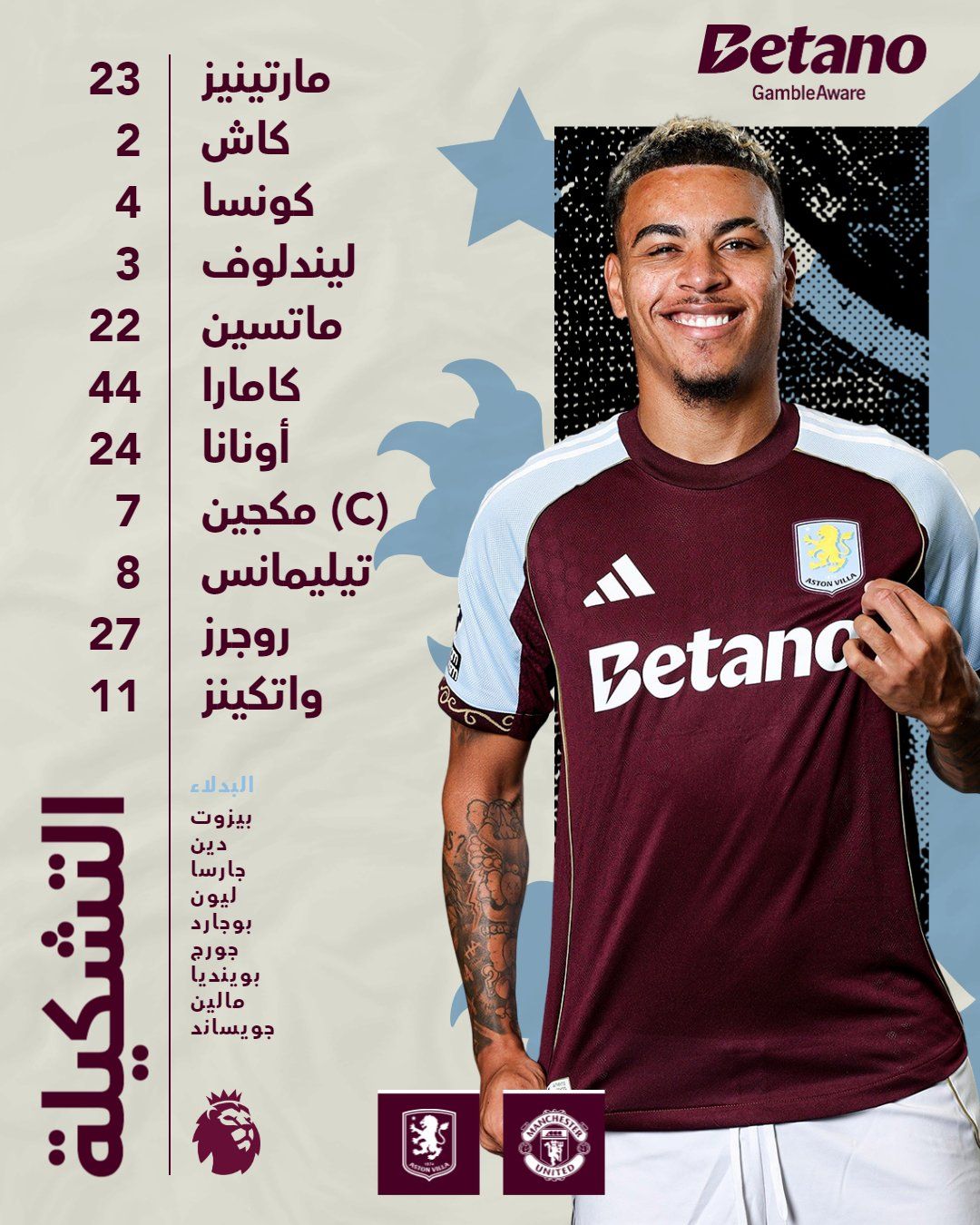 تشكيل أستون فيلا ضد مان يونايتد