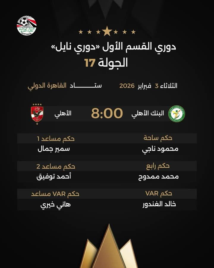 تعرف على طاقم تحكيم مباراة الأهلي والبنك في الدوري