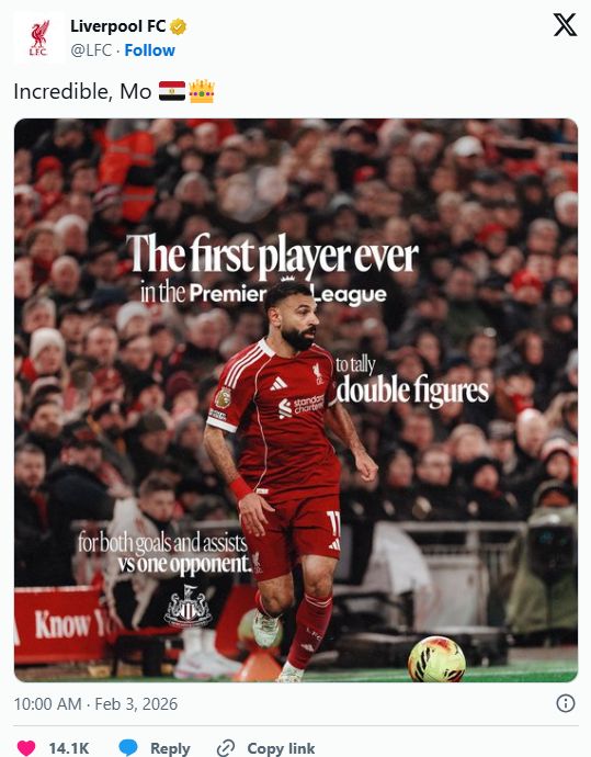ليفربول يحتفى برقم محمد صلاح القياسى فى الدورى الإنجليزى
