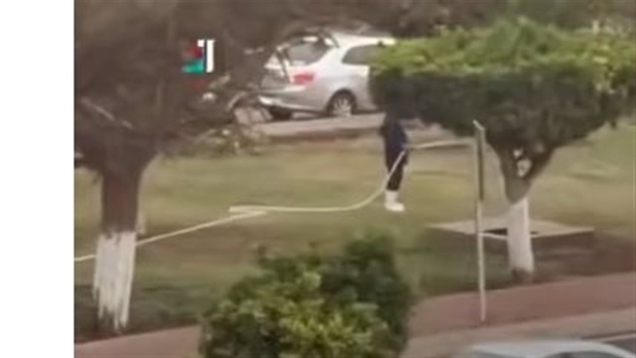 دماغ مش طبيعية.. شاب يسقي الزرع بالخرطوم تحت المطر (فيديو)