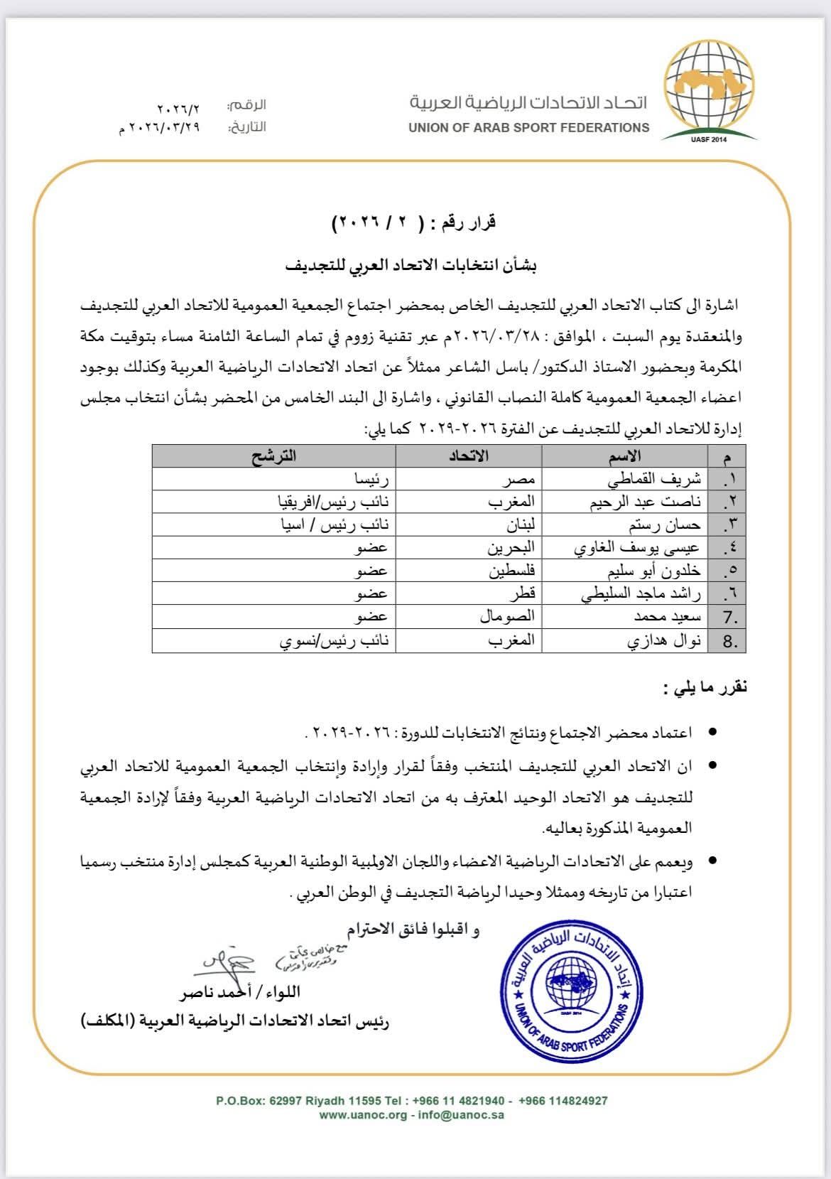 اعتماد نتائج انتخابات الاتحاد العربي للتجديف وفوز شريف القماطي