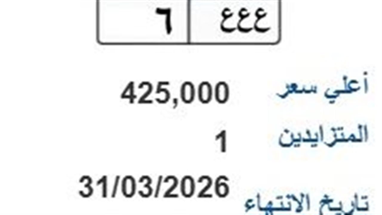لوحة (ع ع ع - 6) المميزة يصل سعرها لـ 425 ألف جنيه