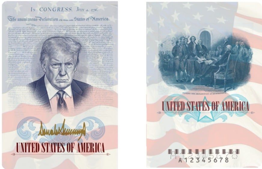 جواز سفر أمريكى يجمع بين وجه ترامب ولوحة ترمبل
