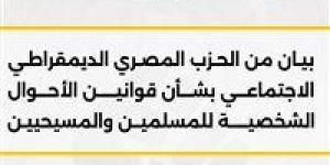 المصرى الديمقراطي يدعو لإقرار قانون عادل للأحوال الشخصية للمسلمين والمسيحيين لحماية الأسرة واستقرار المجتمع