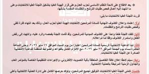 حزب العدل يعلن الكشوف النهائية لمرشحي الهيئة العليا.. وبدء الدعاية الانتخابية اليوم