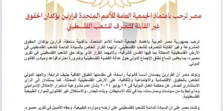 مصر ترحب باعتماد الجمعية العامة للأمم المتحدة قرارين يؤكدان الحقوق غير القابلة للتصرف للشعب الفلسطيني