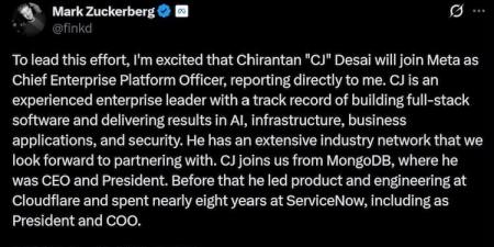 زوكربيرج يخطف رئيس MongoDB لقيادة منصة Meta الجديدة للذكاء الاصطناعي
