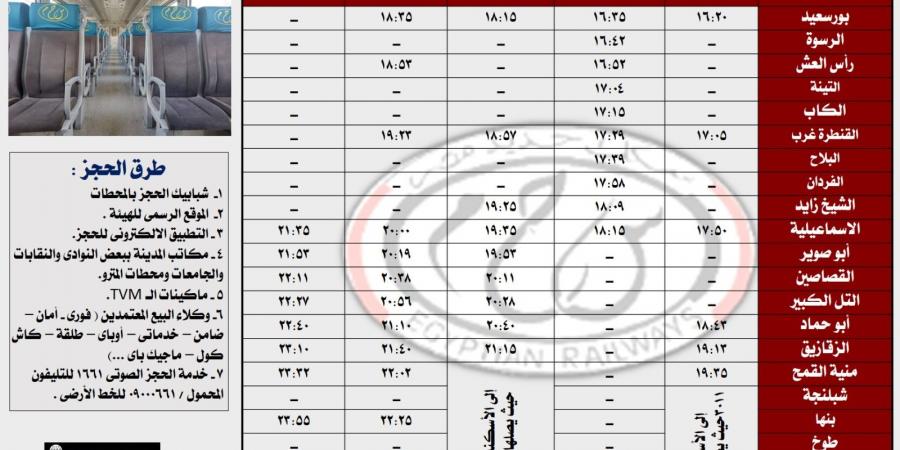 السكة الحديد تحدد جدول تشغيل قطارات القاهرة – الإسماعيلية – بورسعيد