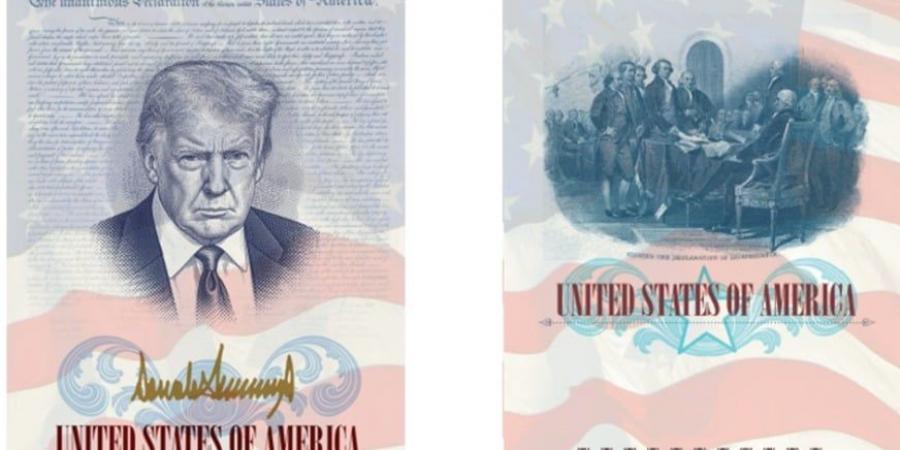 تجميع وجه ترامب ولوحة ترمبل التاريخية في جواز سفر أمريكي واحد