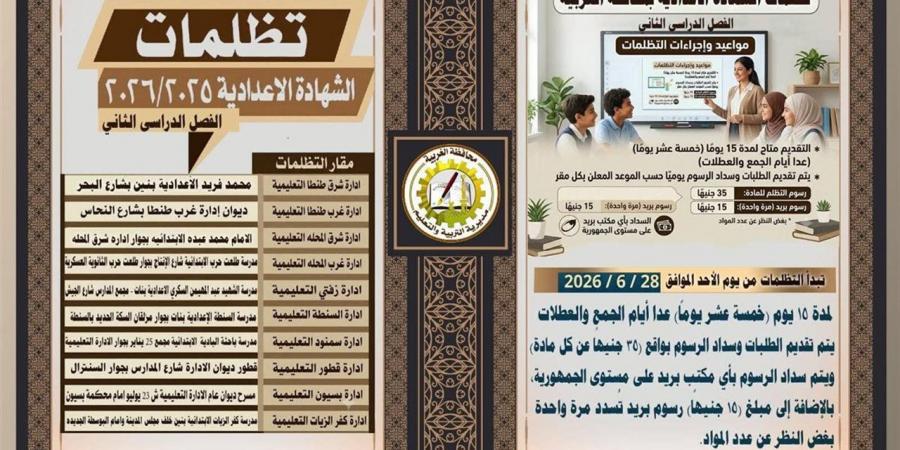"تعليم الغربية" تعلن ضوابط ومقرات تظلمات الشهادة الإعدادية.. بدء التقديم الأحد 28 يونيو لمدة 15 يومًا