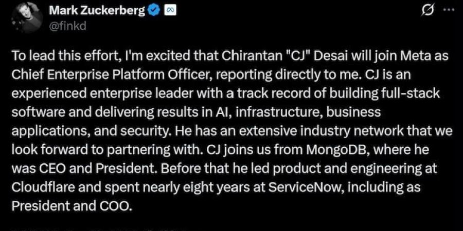 زوكربيرج يخطف رئيس MongoDB لقيادة منصة Meta الجديدة للذكاء الاصطناعي