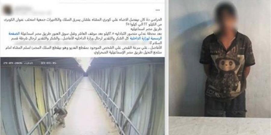 ضبط عاطل حاول سرقة أسلاك كهرباء وكاميرات مراقبة من أعلى كوبري مشاة بالسلام